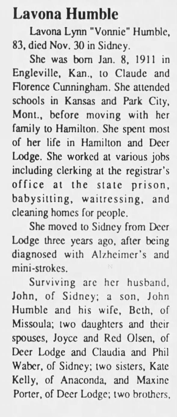 Obituary for Lavona Lynn Humble (Aged 83)